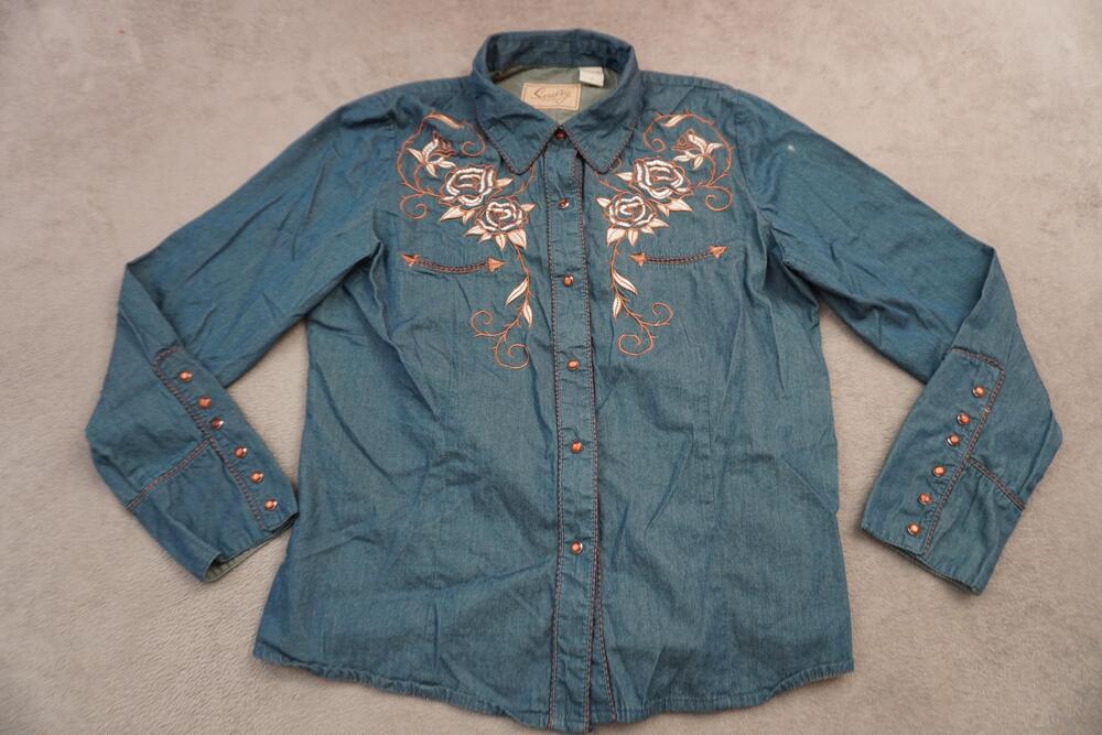 Vintage Scully Shirt Women Medium Blue Embroidered Western Snap Long Sleeve Rose
